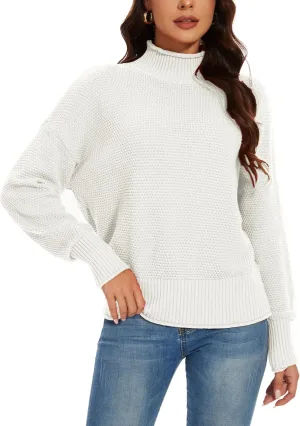 Women's 100% Cotton Turtleneck Oversized Sweaters 2024 Loose Long Sleeve Pullover Batwing Knit Jumper