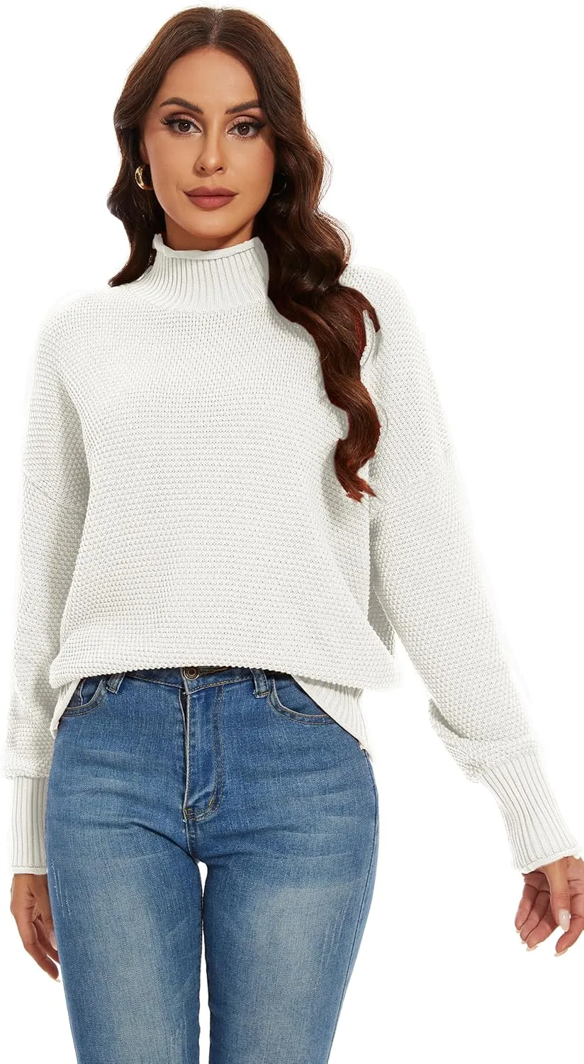 Women's 100% Cotton Turtleneck Oversized Sweaters 2024 Loose Long Sleeve Pullover Batwing Knit Jumper