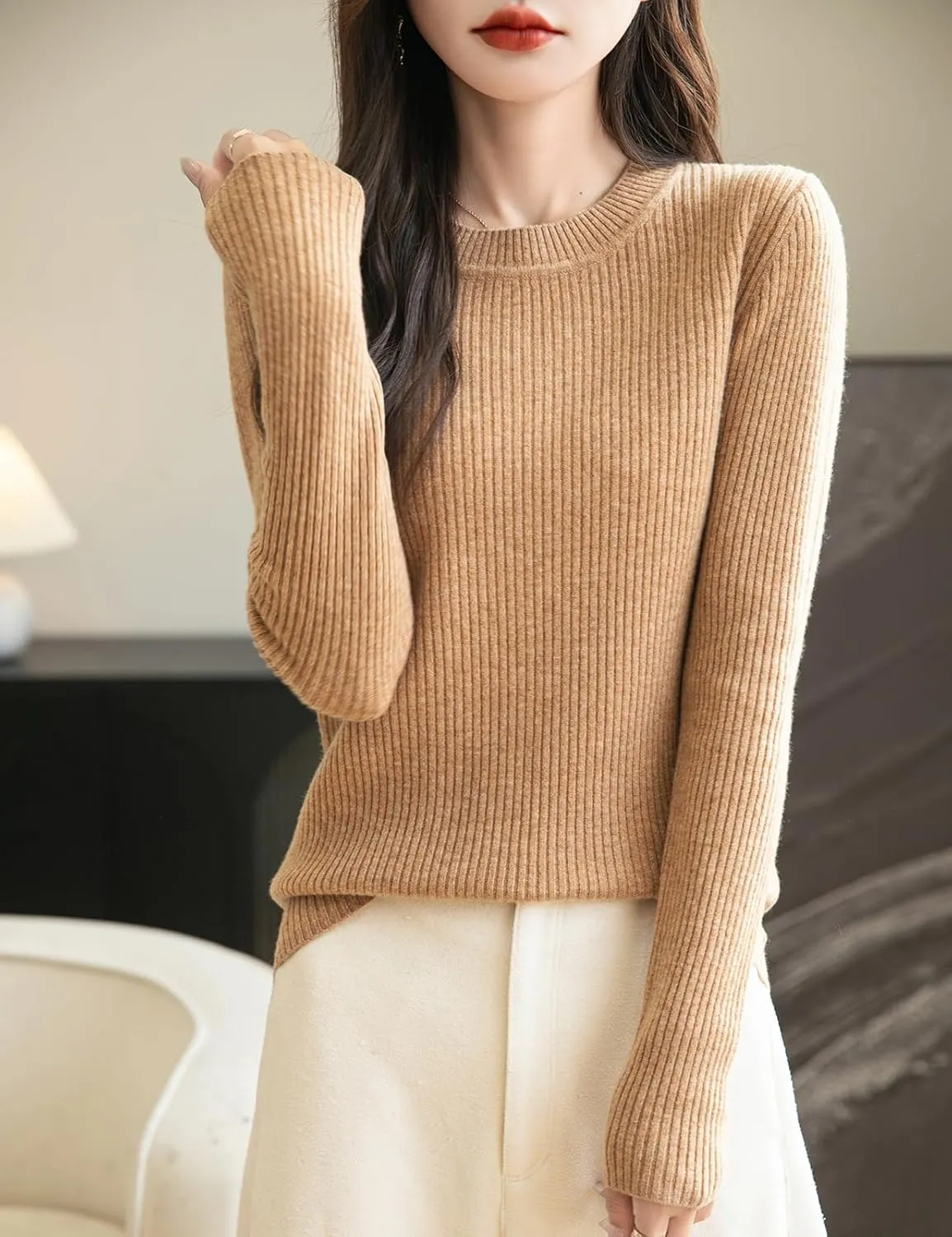 Women's 100% Merino Wool Sweater 2025 Fall Winter Crew Neck Long Sleeve Warm Soft Ribbed Knit Pullover Sweater
