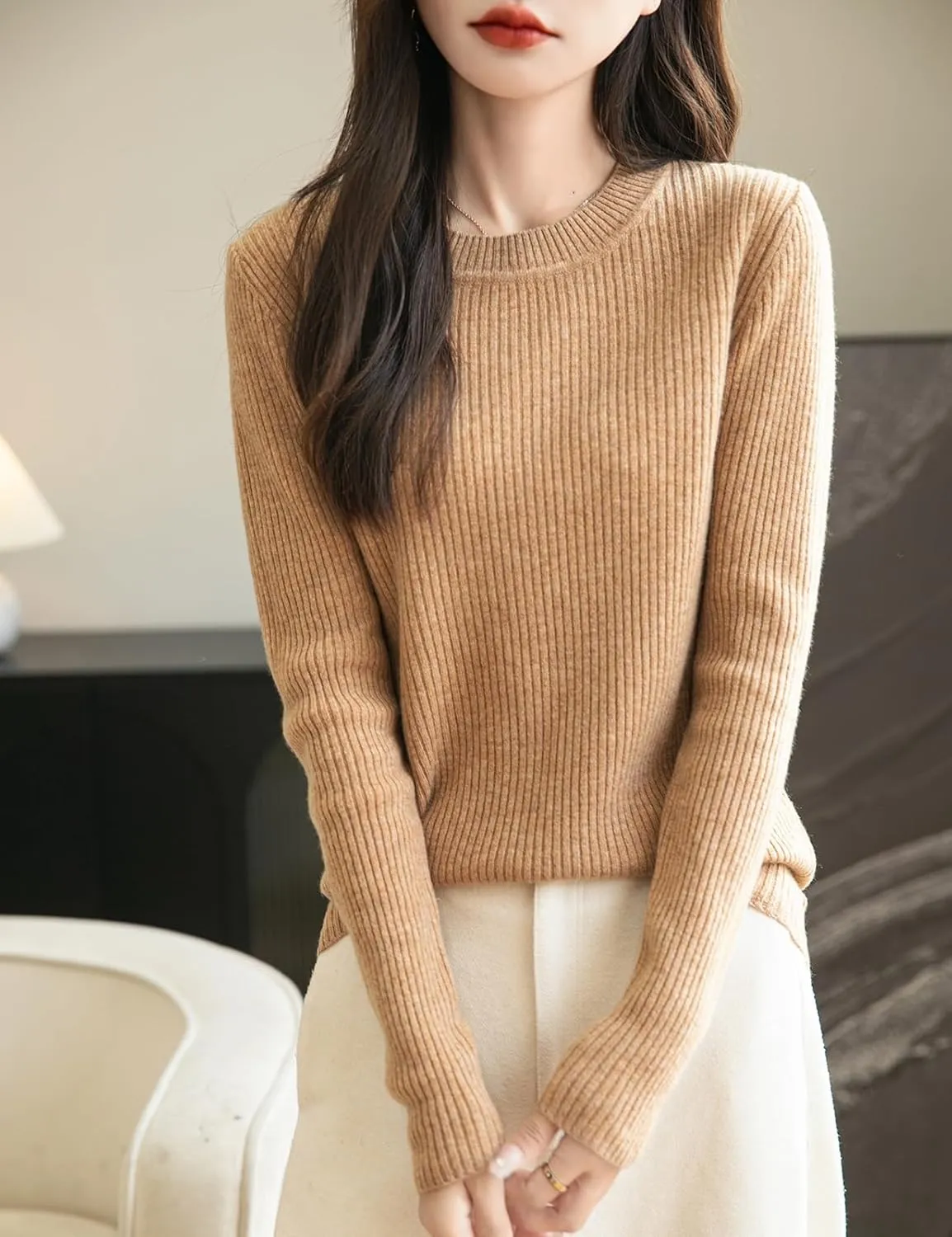 Women's 100% Merino Wool Sweater 2025 Fall Winter Crew Neck Long Sleeve Warm Soft Ribbed Knit Pullover Sweater