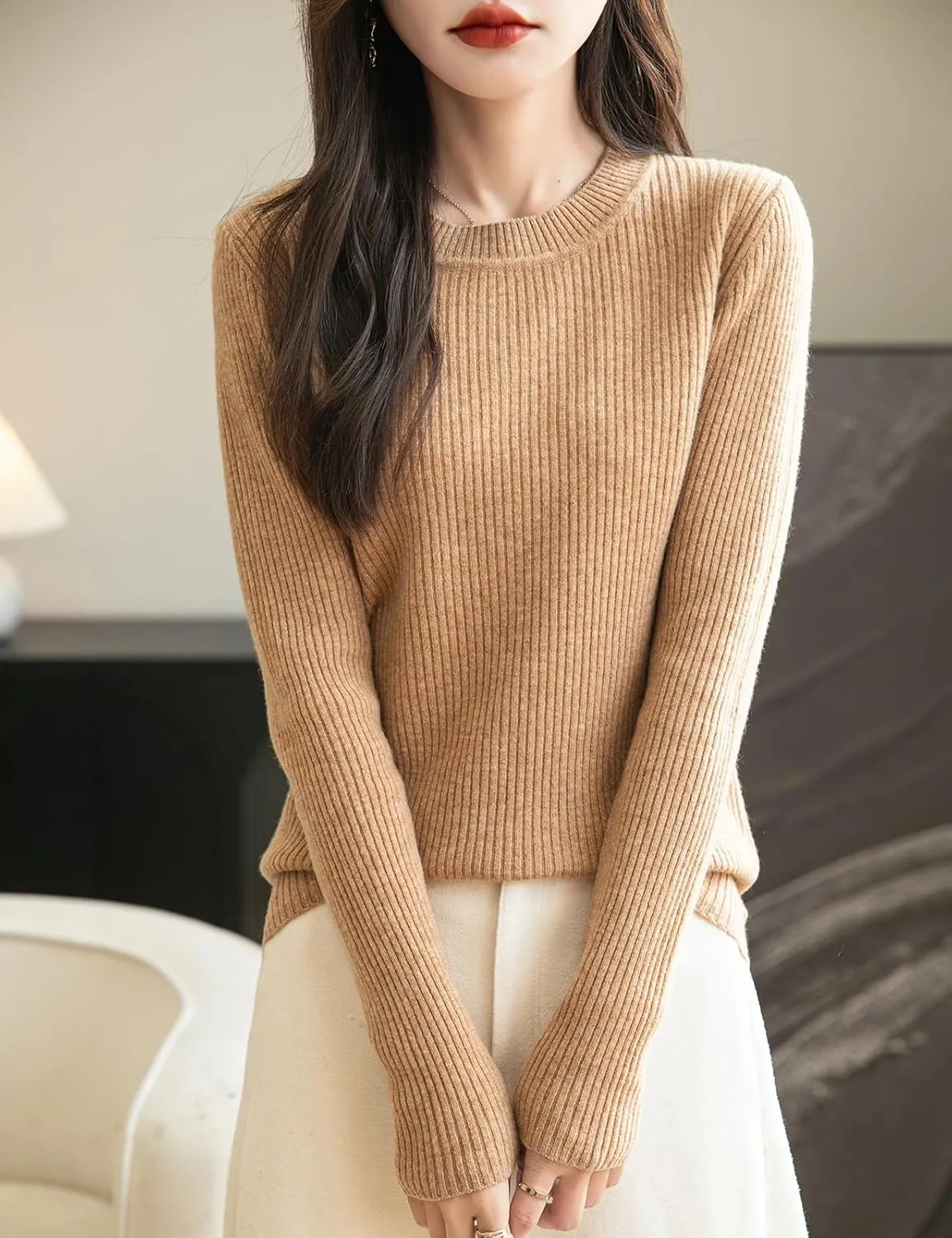 Women's 100% Merino Wool Sweater 2025 Fall Winter Crew Neck Long Sleeve Warm Soft Ribbed Knit Pullover Sweater