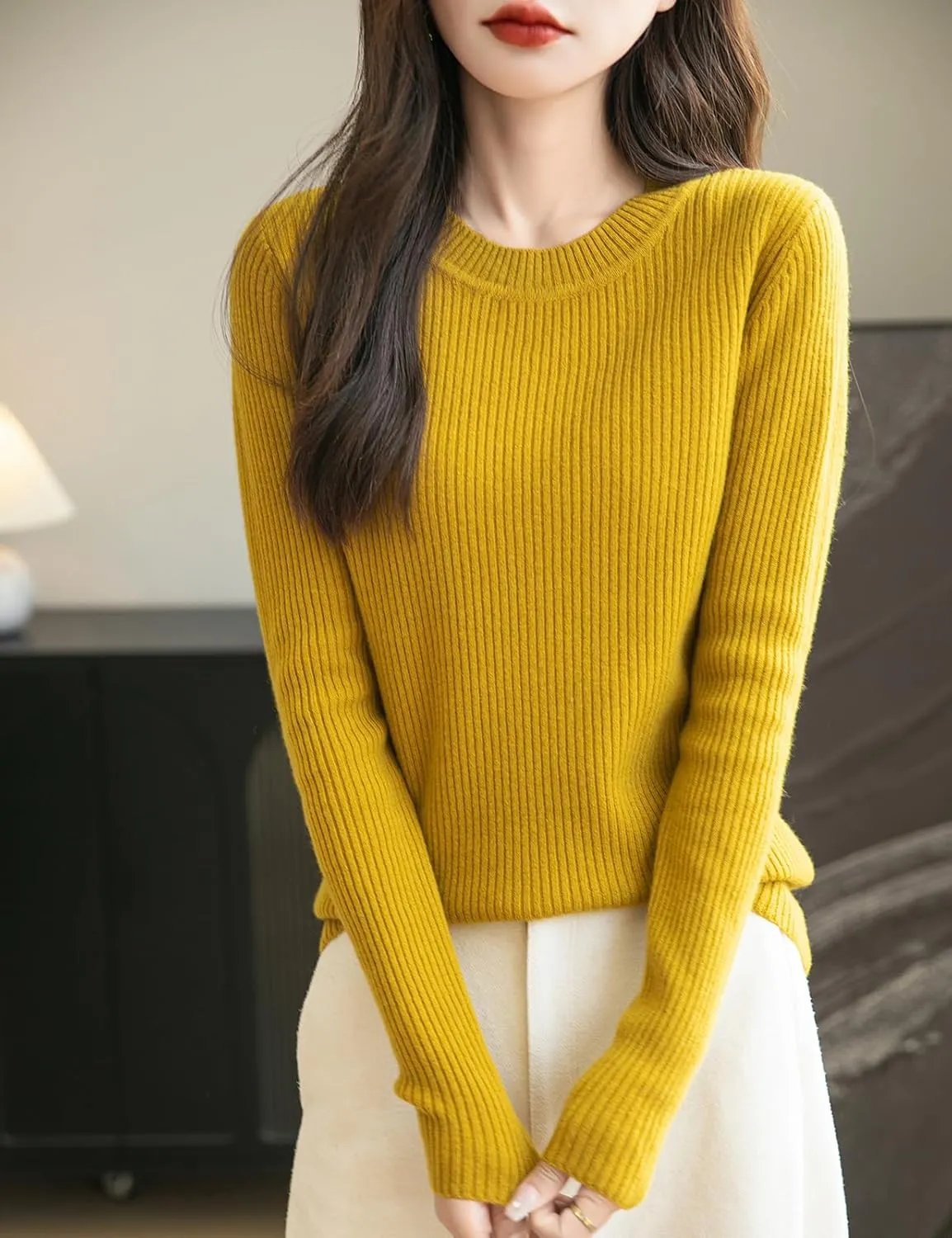 Women's 100% Merino Wool Sweater 2025 Fall Winter Crew Neck Long Sleeve Warm Soft Ribbed Knit Pullover Sweater