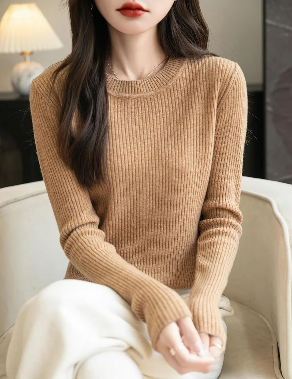 Women's 100% Merino Wool Sweater 2025 Fall Winter Crew Neck Long Sleeve Warm Soft Ribbed Knit Pullover Sweater