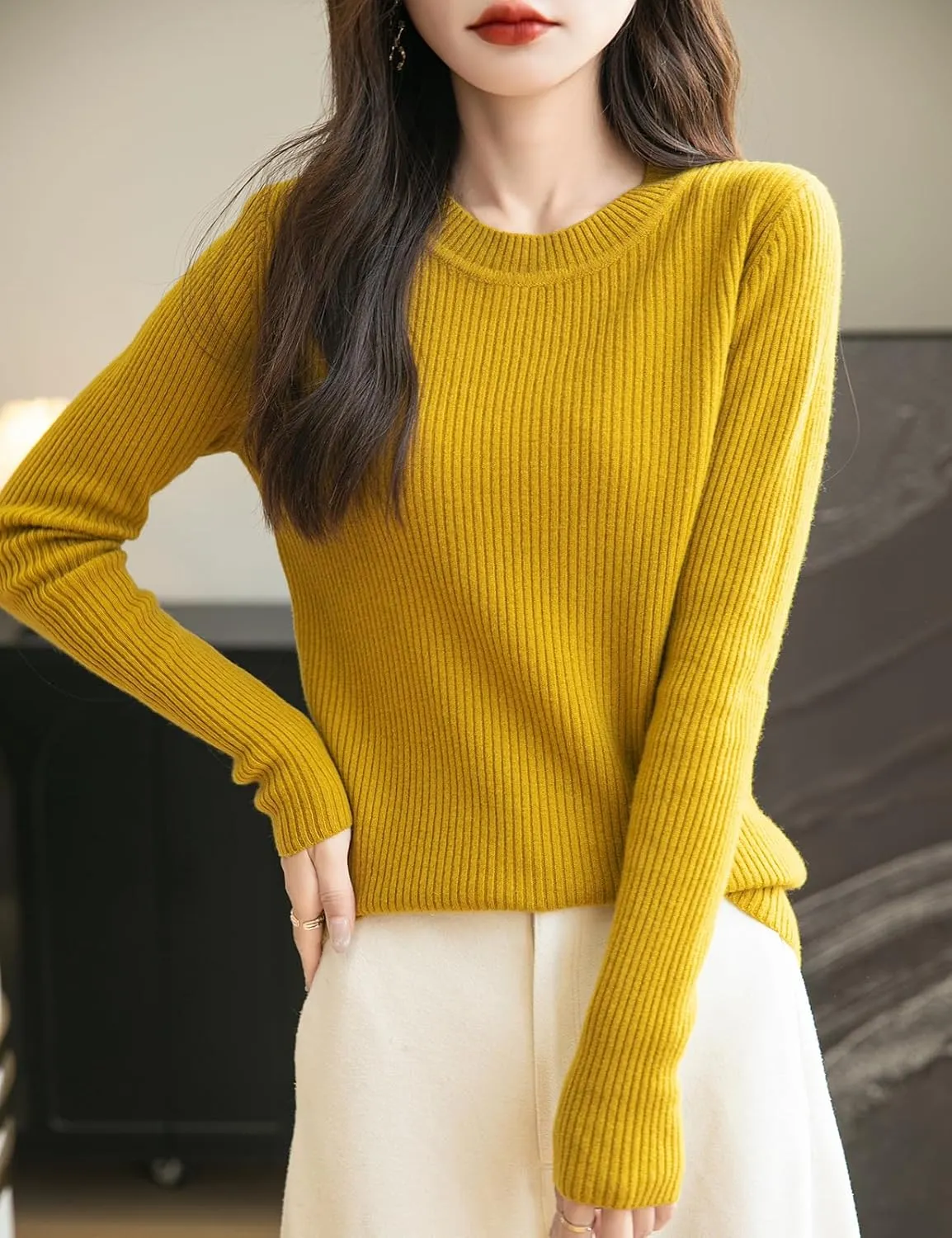 Women's 100% Merino Wool Sweater 2025 Fall Winter Crew Neck Long Sleeve Warm Soft Ribbed Knit Pullover Sweater