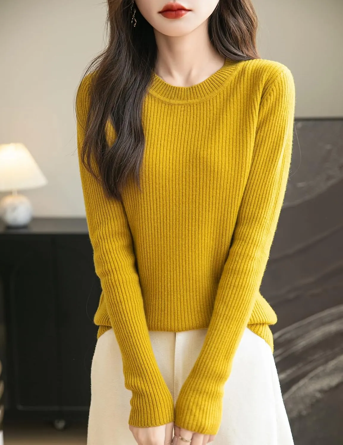 Women's 100% Merino Wool Sweater 2025 Fall Winter Crew Neck Long Sleeve Warm Soft Ribbed Knit Pullover Sweater