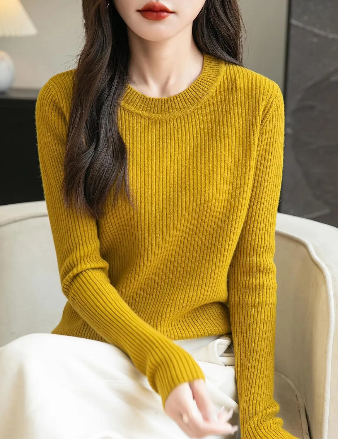 Women's 100% Merino Wool Sweater 2025 Fall Winter Crew Neck Long Sleeve Warm Soft Ribbed Knit Pullover Sweater