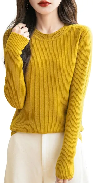 Women's 100% Merino Wool Sweater 2025 Fall Winter Crew Neck Long Sleeve Warm Soft Ribbed Knit Pullover Sweater