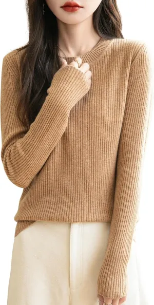 Women's 100% Merino Wool Sweater 2025 Fall Winter Crew Neck Long Sleeve Warm Soft Ribbed Knit Pullover Sweater