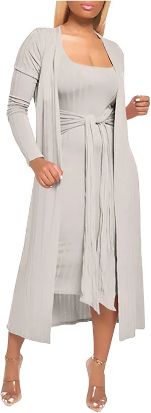 Women's 2 Piece Knitted Outfits Spaghetti Strap Bodycon Midi Dress with Belted Sexy Open Front Long Cardigan Set