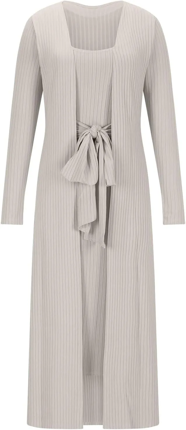 Women's 2 Piece Knitted Outfits Spaghetti Strap Bodycon Midi Dress with Belted Sexy Open Front Long Cardigan Set