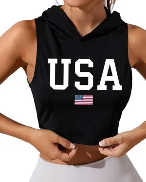 Women's American Flag Crop Top Sleeveless Hoodie USA Patriotic 4th of July Tank Independence Day Graphic Tee