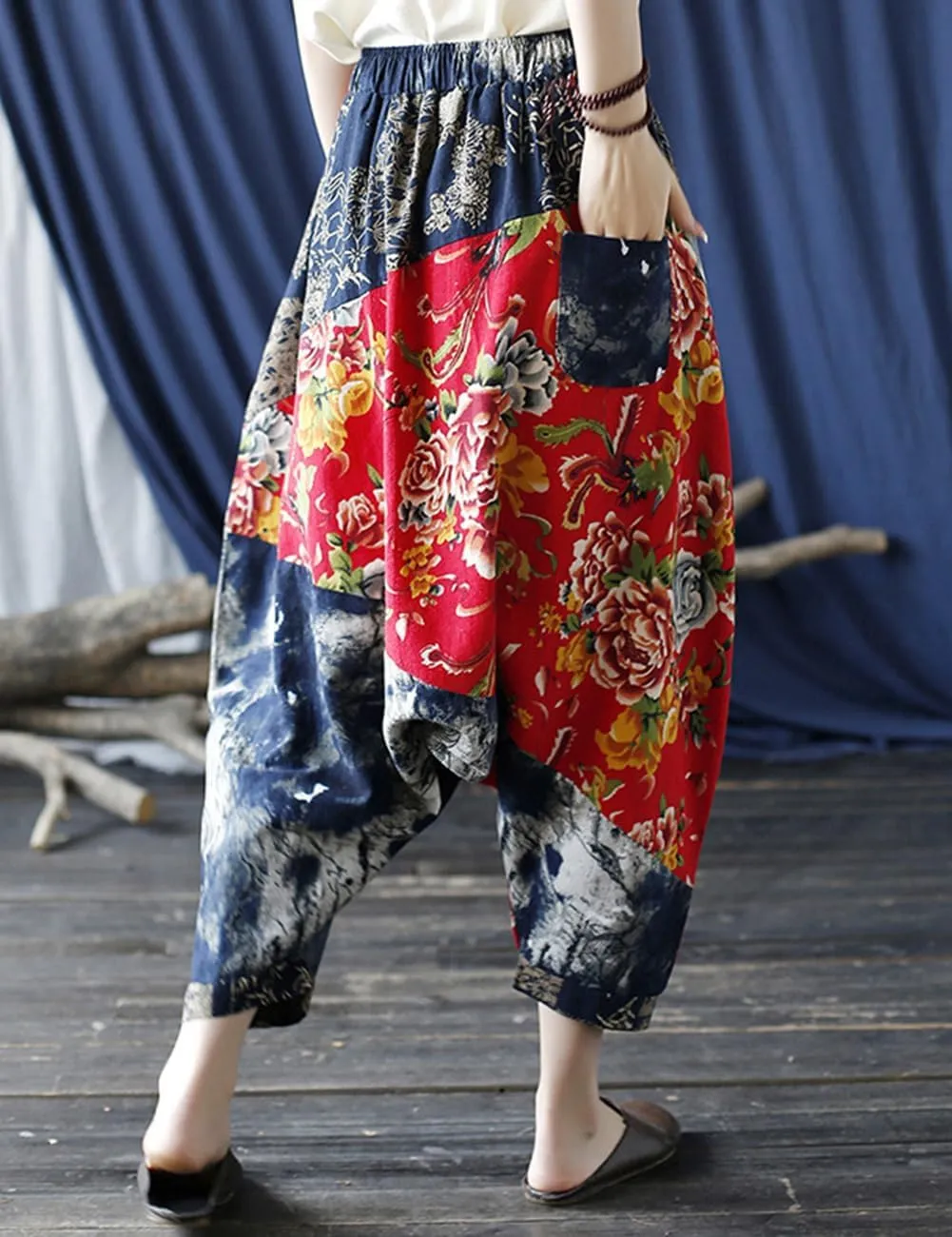 Women's Baggy Cotton Linen Wide Leg Trousers Casual Patchwork Elastic Waist Harem Pants