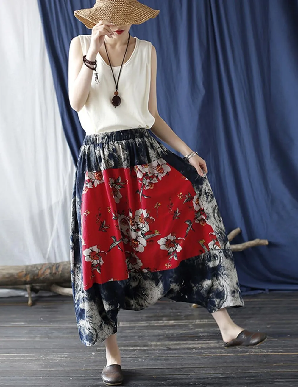 Women's Baggy Cotton Linen Wide Leg Trousers Casual Patchwork Elastic Waist Harem Pants