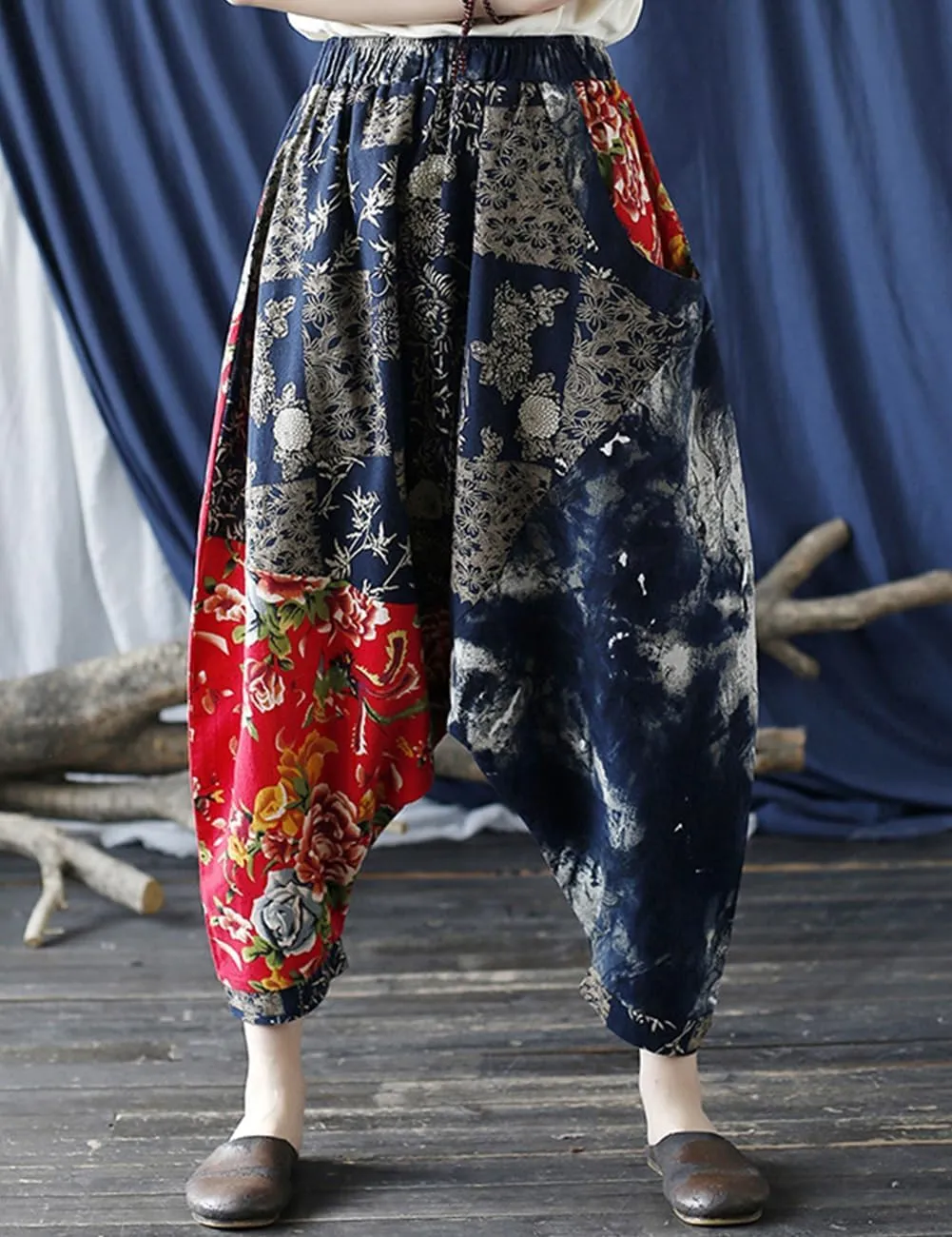 Women's Baggy Cotton Linen Wide Leg Trousers Casual Patchwork Elastic Waist Harem Pants