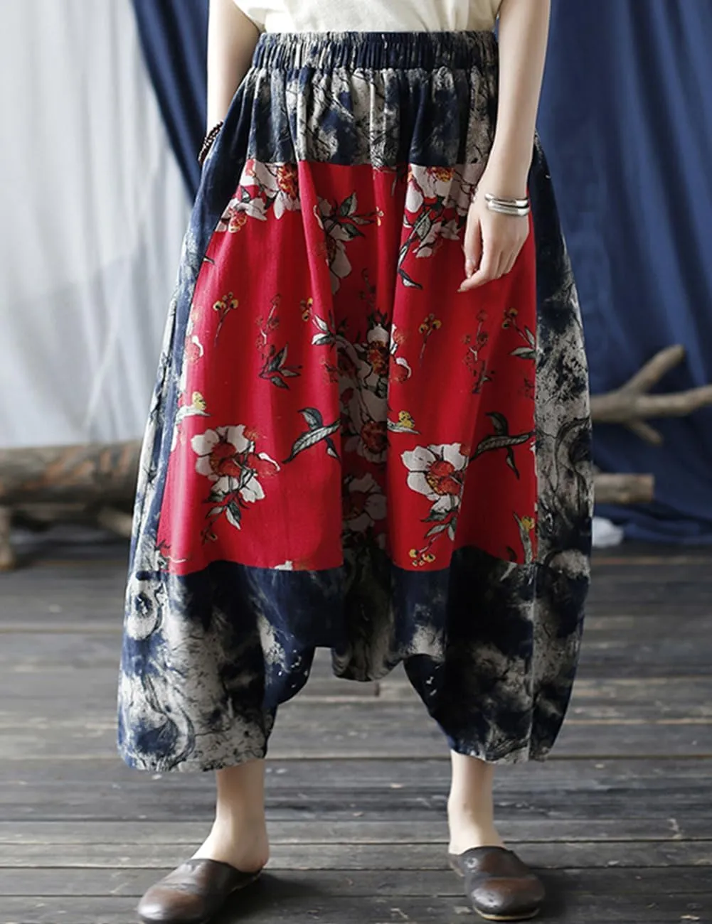 Women's Baggy Cotton Linen Wide Leg Trousers Casual Patchwork Elastic Waist Harem Pants