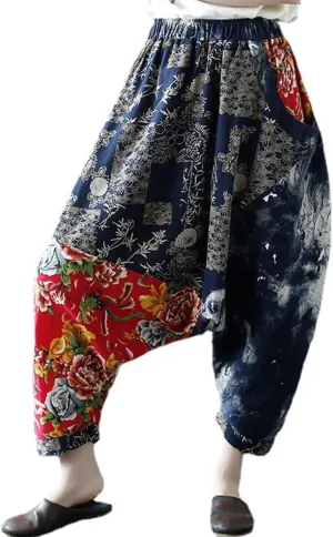 Women's Baggy Cotton Linen Wide Leg Trousers Casual Patchwork Elastic Waist Harem Pants