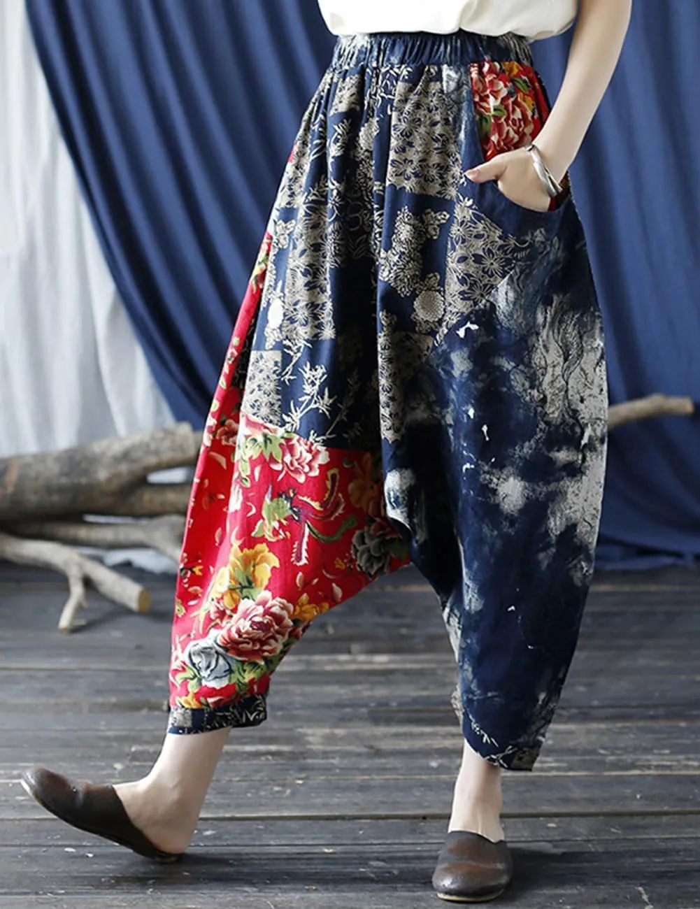 Women's Baggy Cotton Linen Wide Leg Trousers Casual Patchwork Elastic Waist Harem Pants
