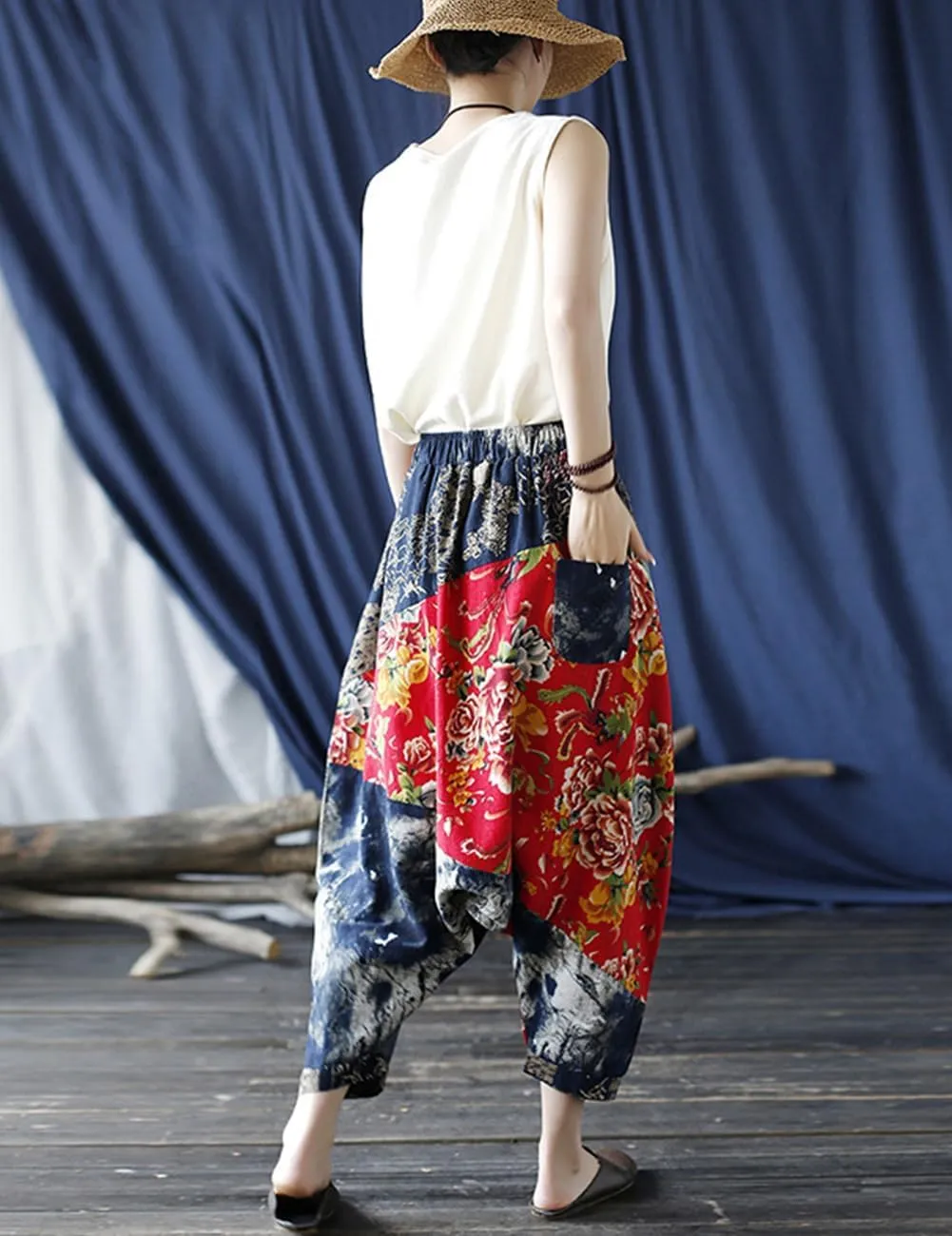 Women's Baggy Cotton Linen Wide Leg Trousers Casual Patchwork Elastic Waist Harem Pants
