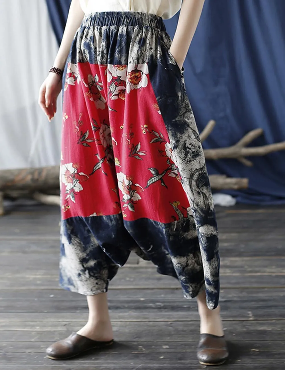 Women's Baggy Cotton Linen Wide Leg Trousers Casual Patchwork Elastic Waist Harem Pants