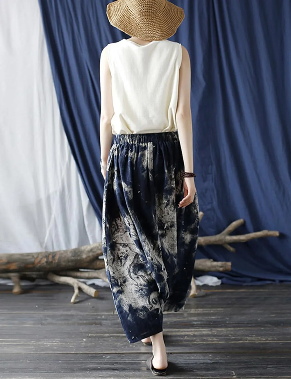 Women's Baggy Cotton Linen Wide Leg Trousers Casual Patchwork Elastic Waist Harem Pants