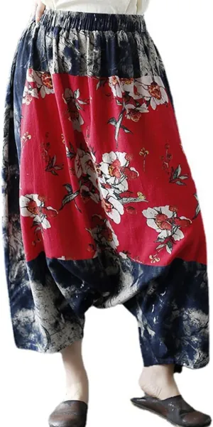 Women's Baggy Cotton Linen Wide Leg Trousers Casual Patchwork Elastic Waist Harem Pants