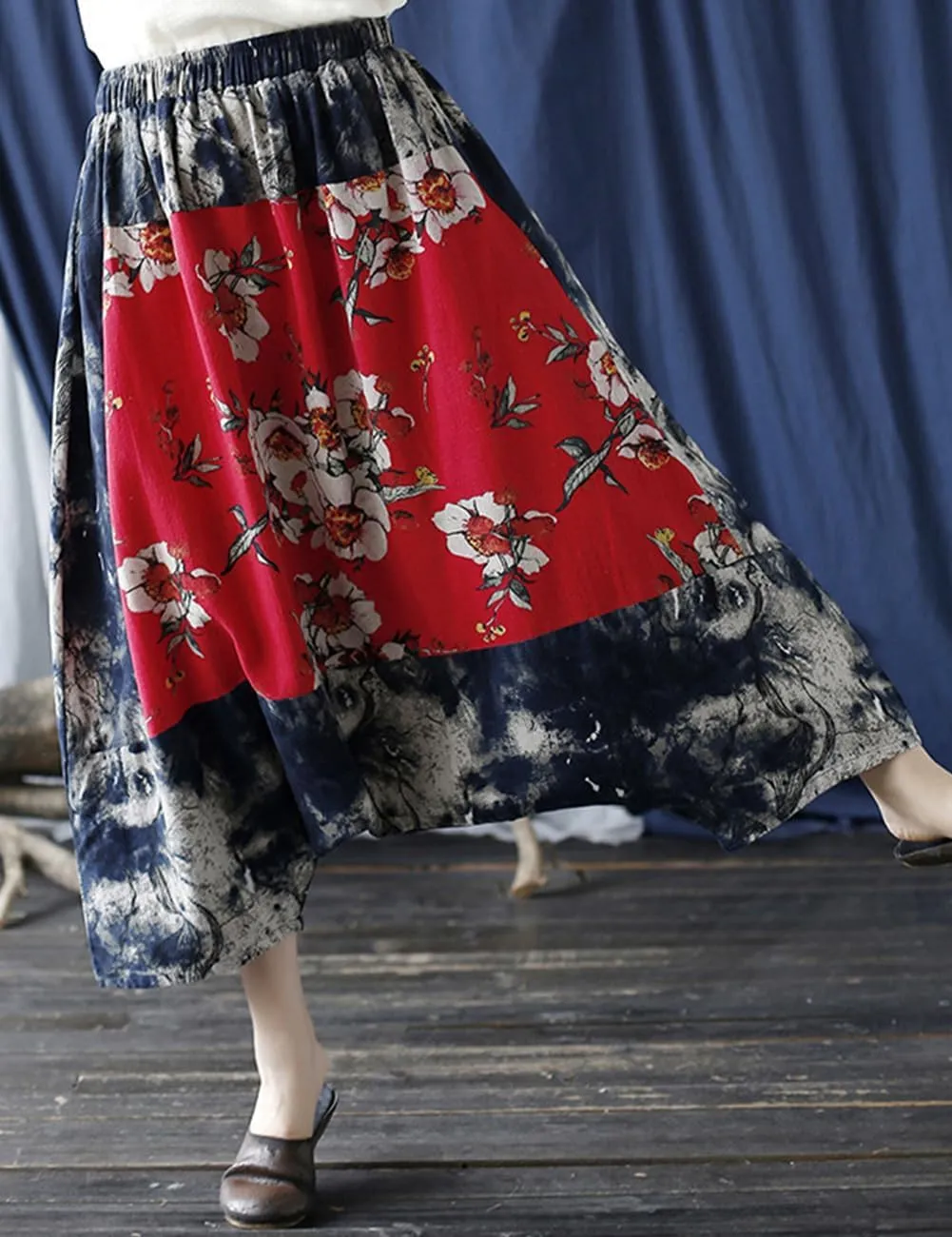Women's Baggy Cotton Linen Wide Leg Trousers Casual Patchwork Elastic Waist Harem Pants