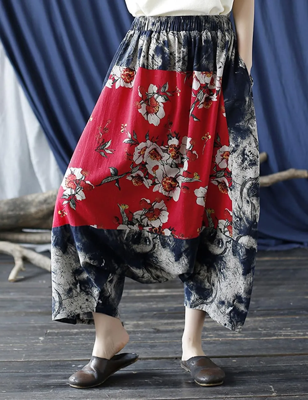 Women's Baggy Cotton Linen Wide Leg Trousers Casual Patchwork Elastic Waist Harem Pants