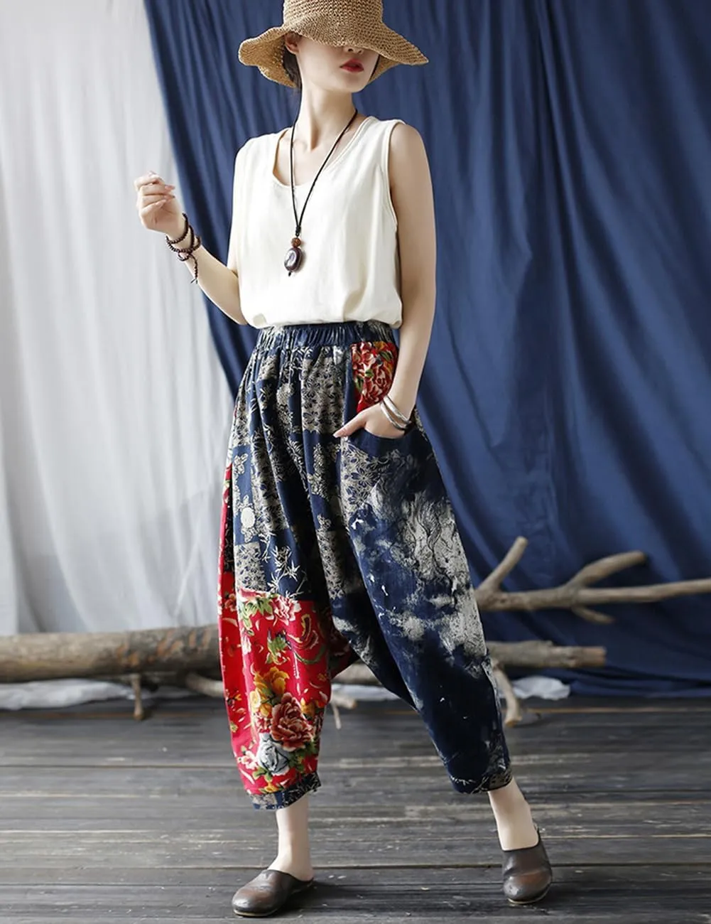 Women's Baggy Cotton Linen Wide Leg Trousers Casual Patchwork Elastic Waist Harem Pants