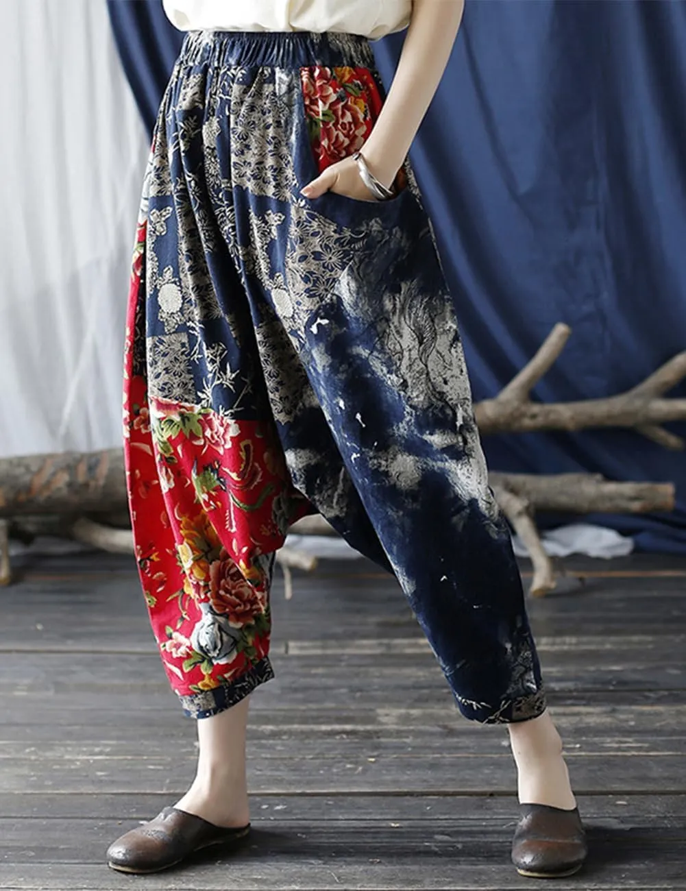 Women's Baggy Cotton Linen Wide Leg Trousers Casual Patchwork Elastic Waist Harem Pants