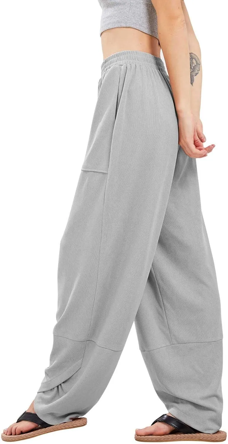 Womens Baggy Pants Wrap Hem Pants with Pockets Casual Elastic Waist Wide Leg Harem Pants