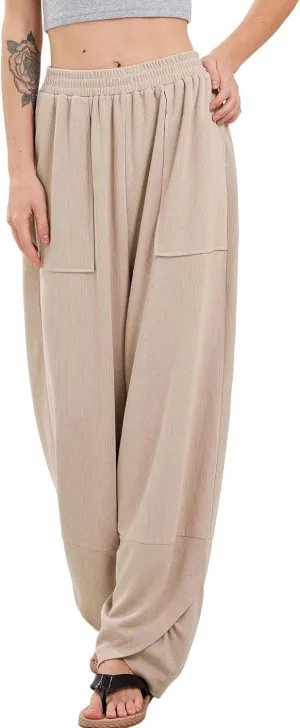 Womens Baggy Pants Wrap Hem Pants with Pockets Casual Elastic Waist Wide Leg Harem Pants