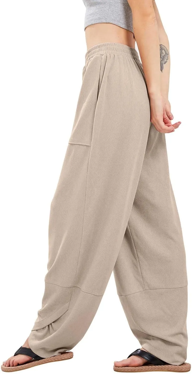 Womens Baggy Pants Wrap Hem Pants with Pockets Casual Elastic Waist Wide Leg Harem Pants