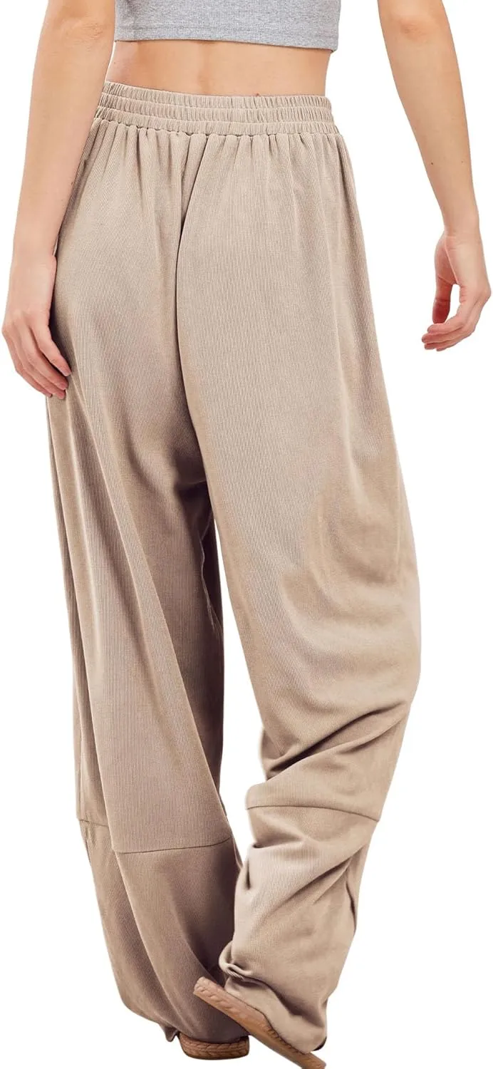 Womens Baggy Pants Wrap Hem Pants with Pockets Casual Elastic Waist Wide Leg Harem Pants