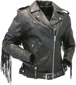 Women's Brando Notch Lapel Collar Spiked Studded Real Leather Motorbike Black Fringe Jacket Rider rock classic streetwear