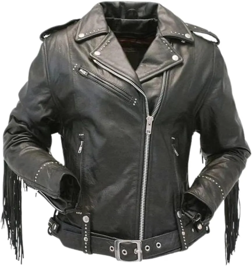 Women's Brando Notch Lapel Collar Spiked Studded Real Leather Motorbike Black Fringe Jacket Rider rock classic streetwear