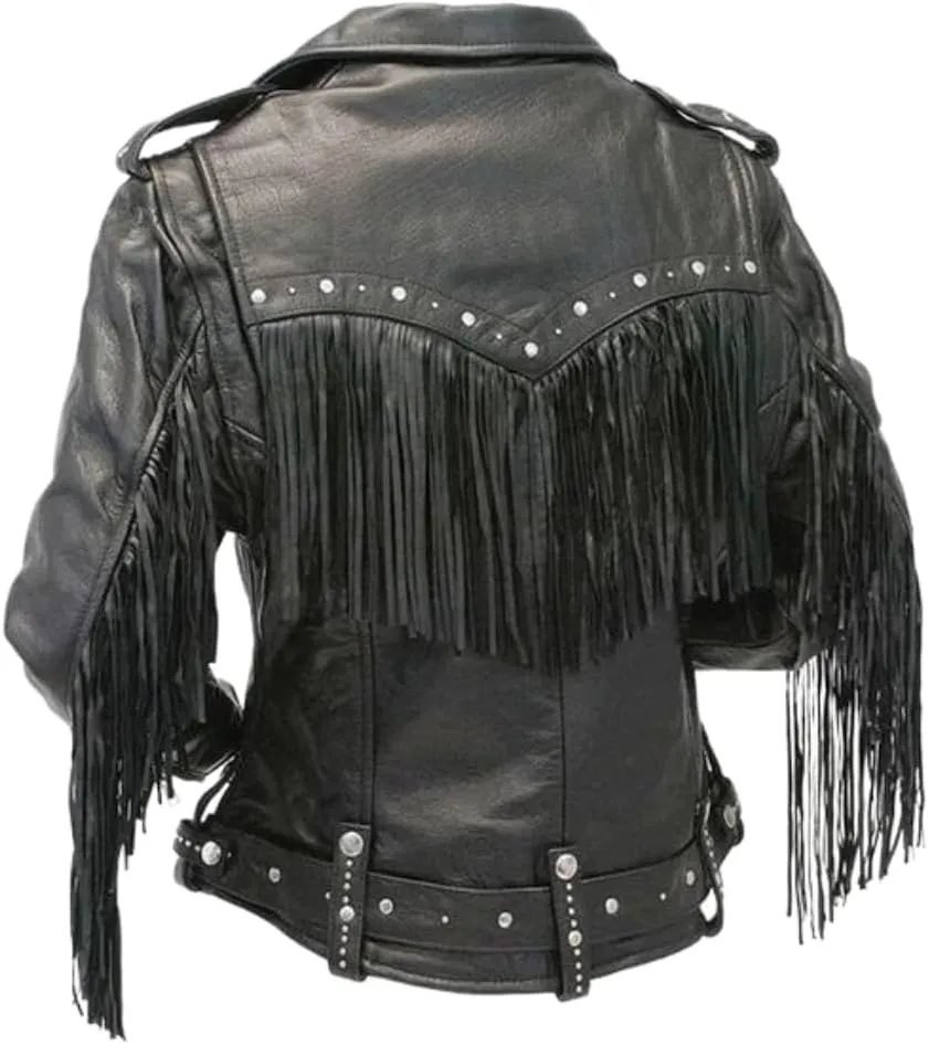Women's Brando Notch Lapel Collar Spiked Studded Real Leather Motorbike Black Fringe Jacket Rider rock classic streetwear