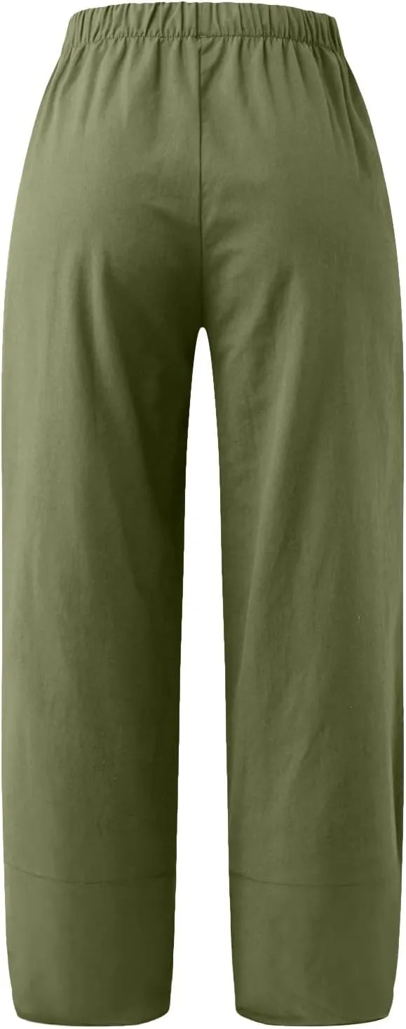 Women's Cotton Linen Summer Flowy Palazzo Pants Elastic Waisted Lounge Pants Slim Fit Palazzo Lounge Pants Vacation