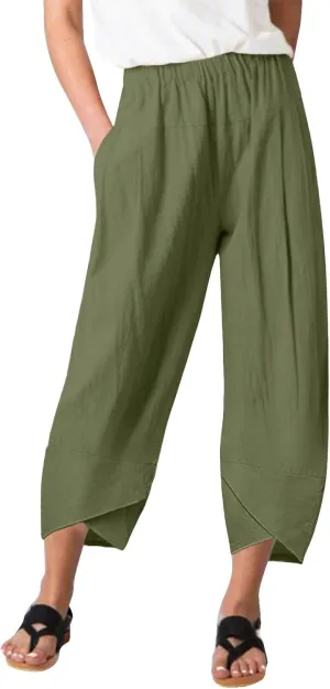 Women's Cotton Linen Summer Flowy Palazzo Pants Elastic Waisted Lounge Pants Slim Fit Palazzo Lounge Pants Vacation
