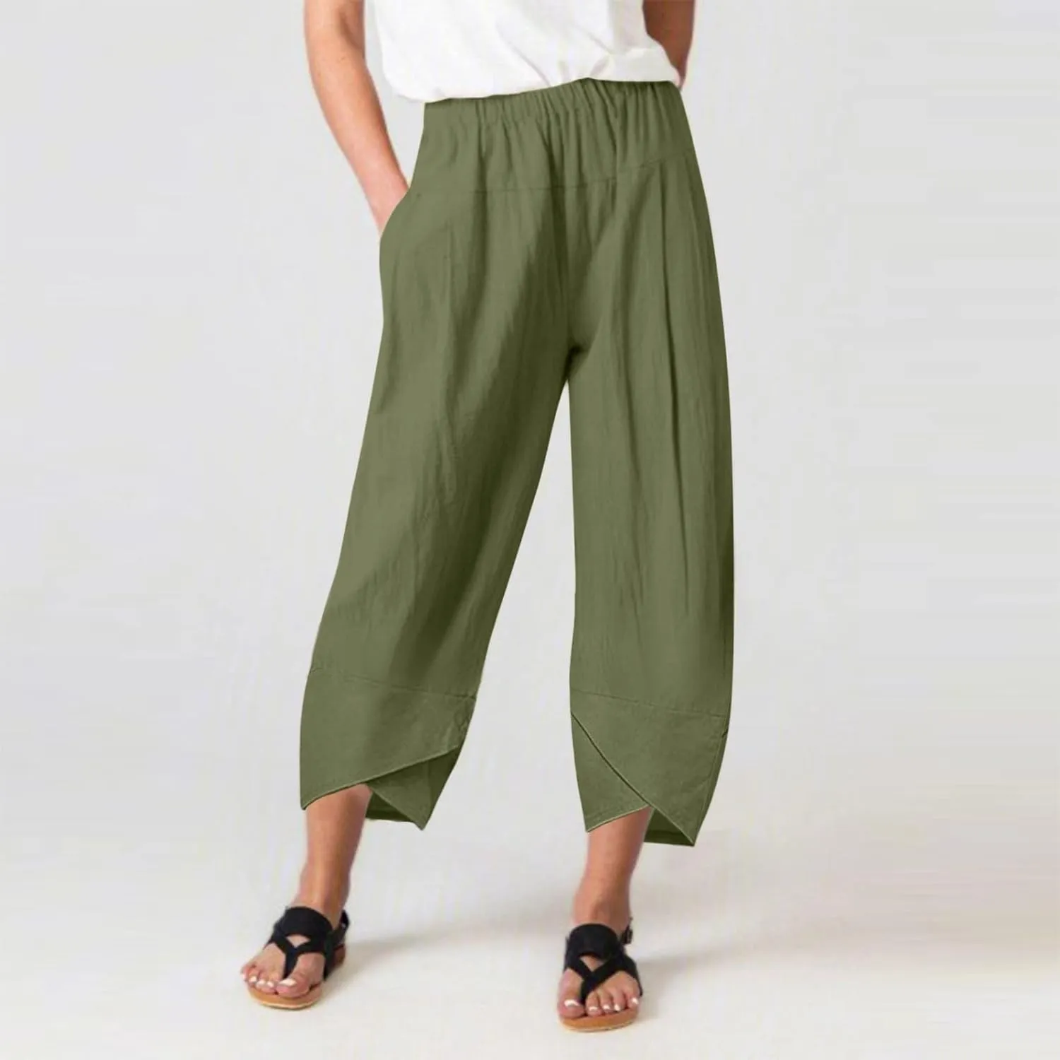 Women's Cotton Linen Summer Flowy Palazzo Pants Elastic Waisted Lounge Pants Slim Fit Palazzo Lounge Pants Vacation