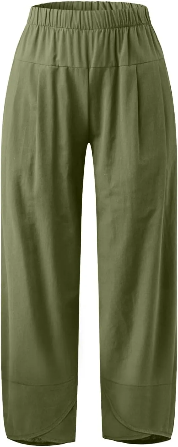 Women's Cotton Linen Summer Flowy Palazzo Pants Elastic Waisted Lounge Pants Slim Fit Palazzo Lounge Pants Vacation