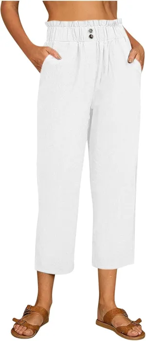 Women's Cotton Linen Summer Loose Flowy Pants Elastic Waisted Wide Leg Plus Size Trouser Business Work