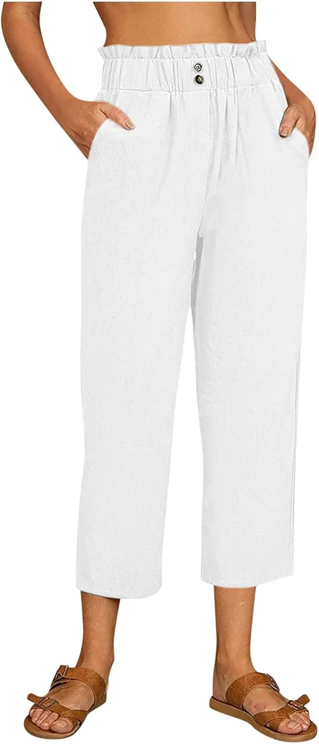 Women's Cotton Linen Summer Loose Flowy Pants Elastic Waisted Wide Leg Plus Size Trouser Business Work