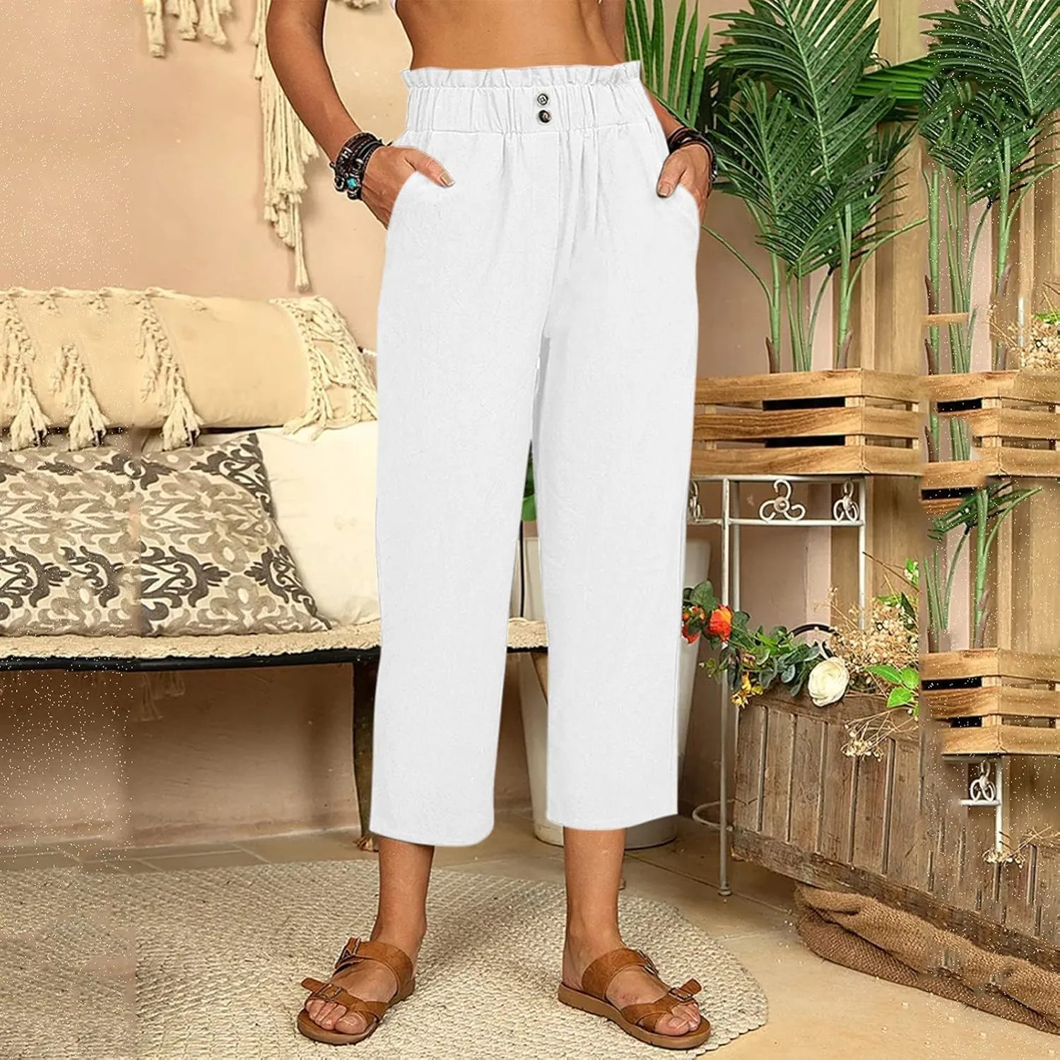 Women's Cotton Linen Summer Loose Flowy Pants Elastic Waisted Wide Leg Plus Size Trouser Business Work