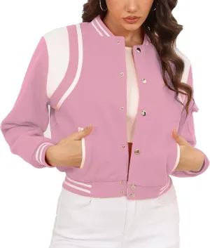 Womens Cropped Bomber Jacket Long Sleeve Button Down Baseball Varsity Fall Outerwear
