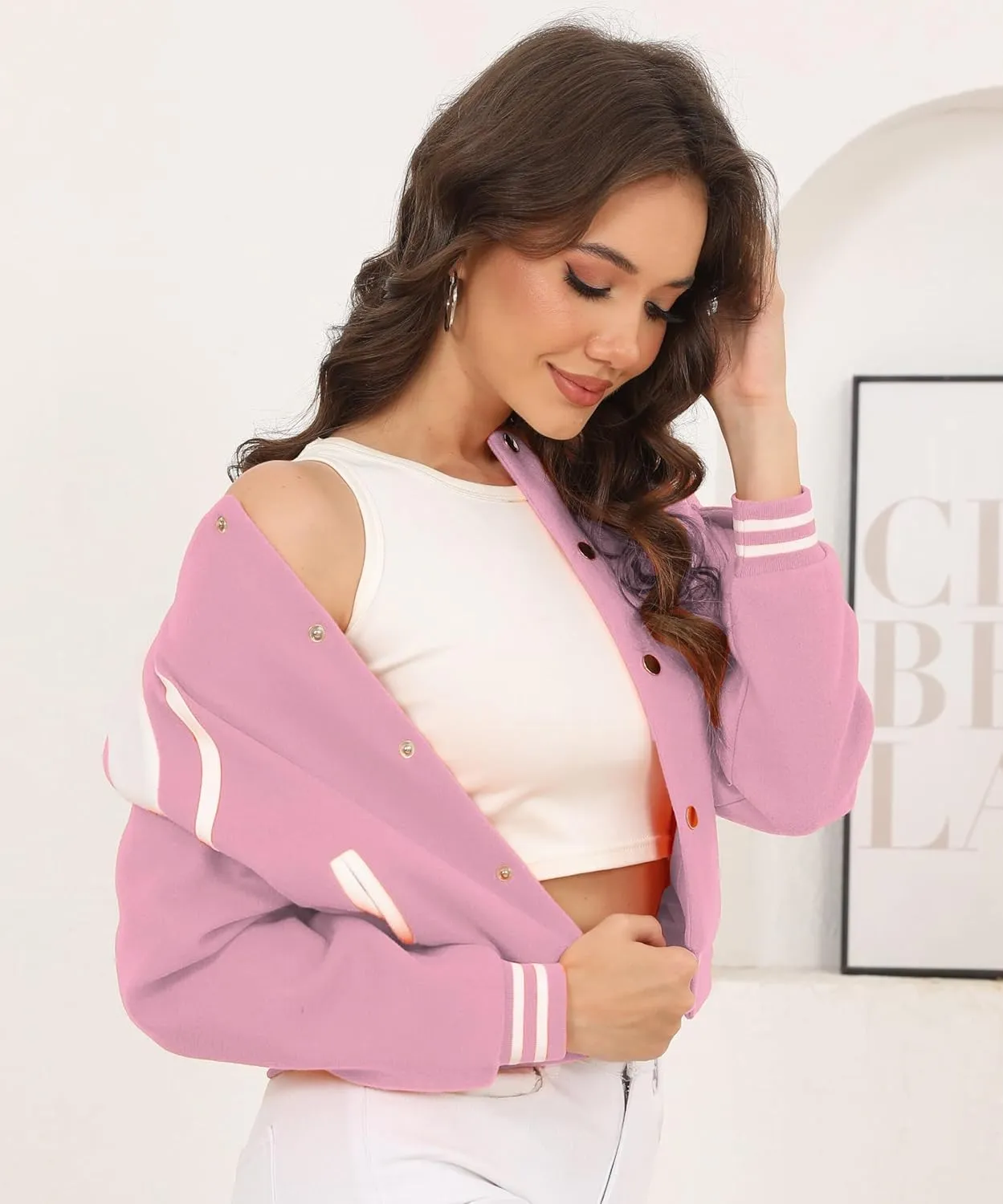 Womens Cropped Bomber Jacket Long Sleeve Button Down Baseball Varsity Fall Outerwear