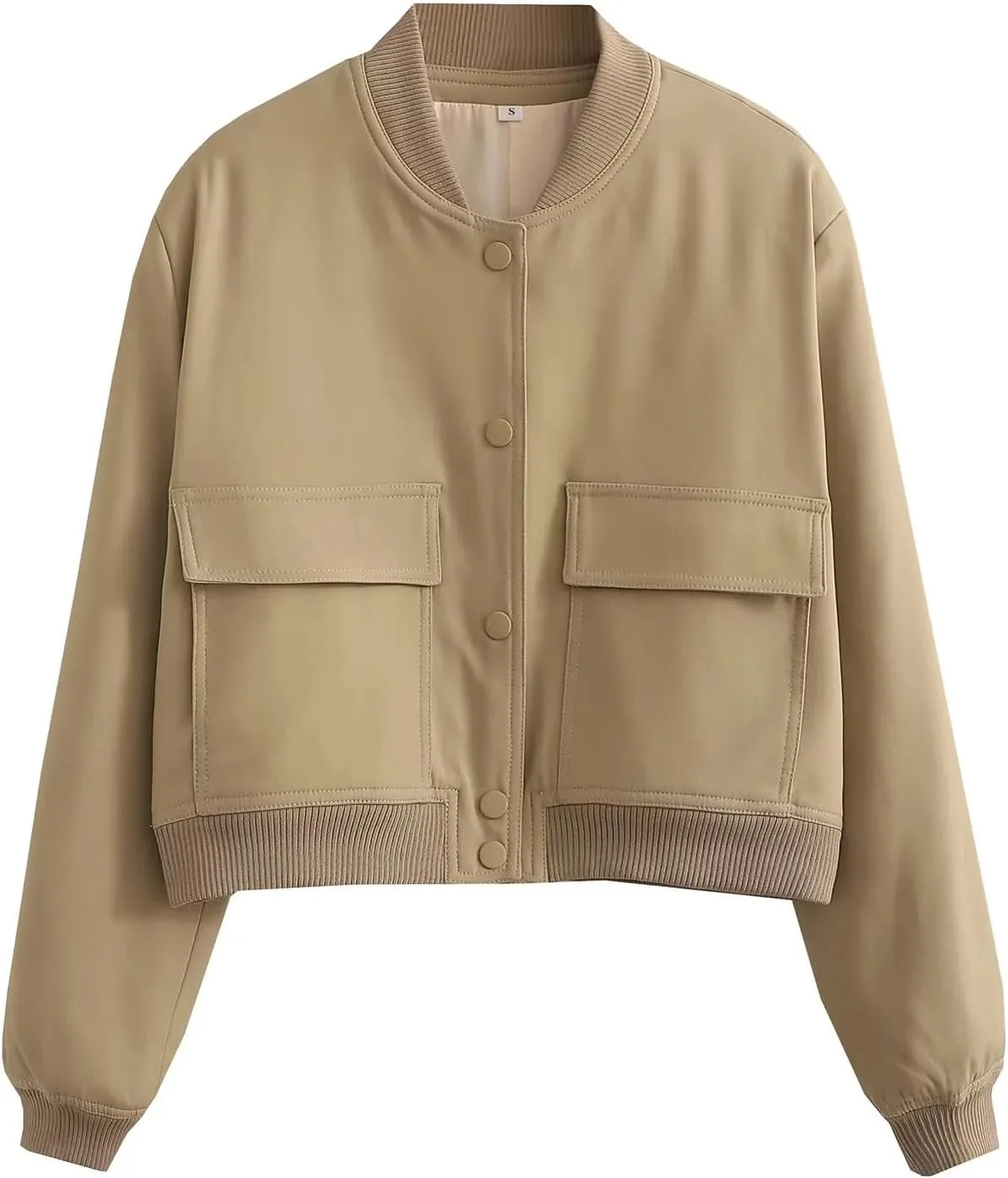 Women's Cropped Bomber Jacket Long Sleeve Lightweight Casual Button Down Baseball Varsity Jacket with Pockets