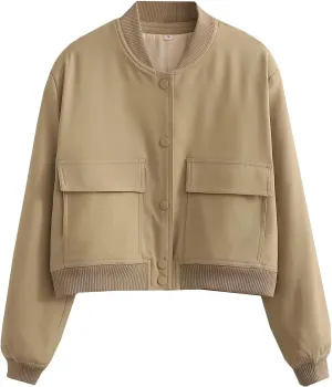 Women's Cropped Bomber Jacket Long Sleeve Lightweight Casual Button Down Baseball Varsity Jacket with Pockets