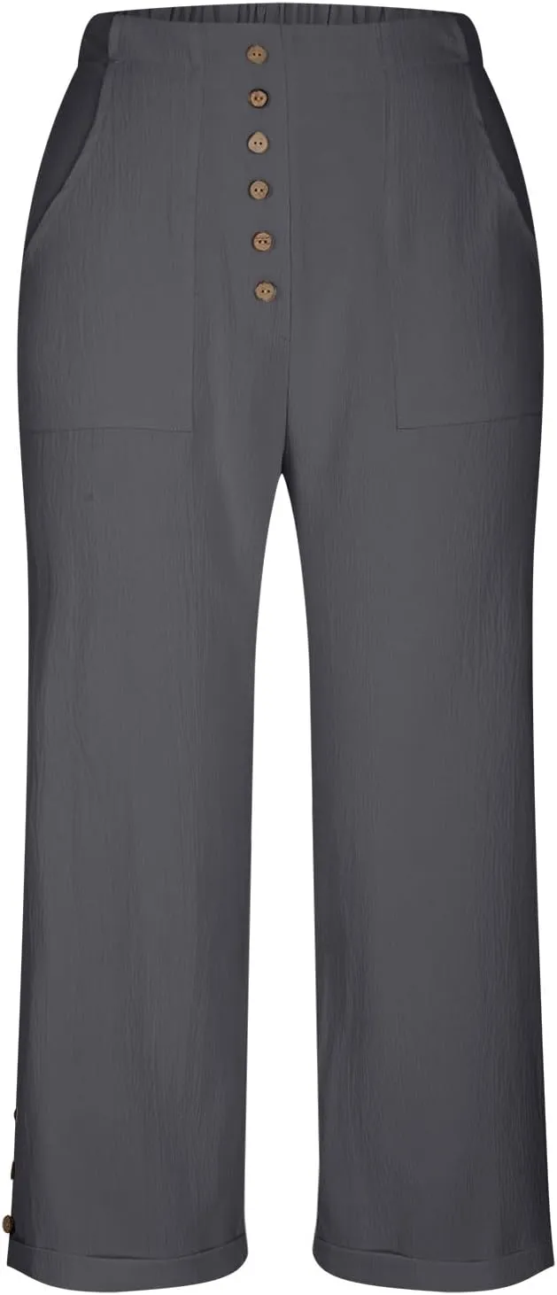 Womens Cropped Wide Leg Pant Stretch High Waist Button Petite Straight Leg Pant Loose Casual Work Trouser with Pocket
