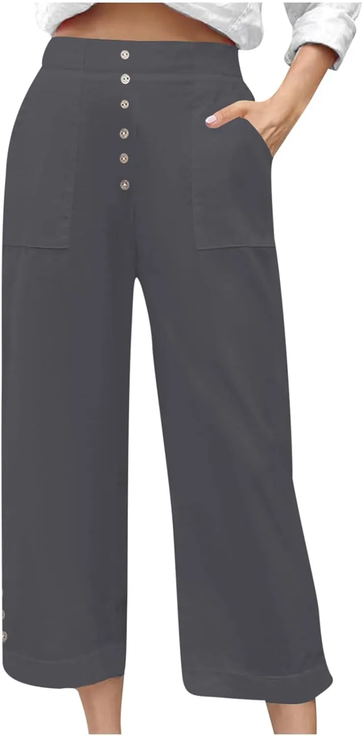 Womens Cropped Wide Leg Pant Stretch High Waist Button Petite Straight Leg Pant Loose Casual Work Trouser with Pocket