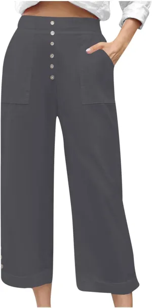 Womens Cropped Wide Leg Pant Stretch High Waist Button Petite Straight Leg Pant Loose Casual Work Trouser with Pocket